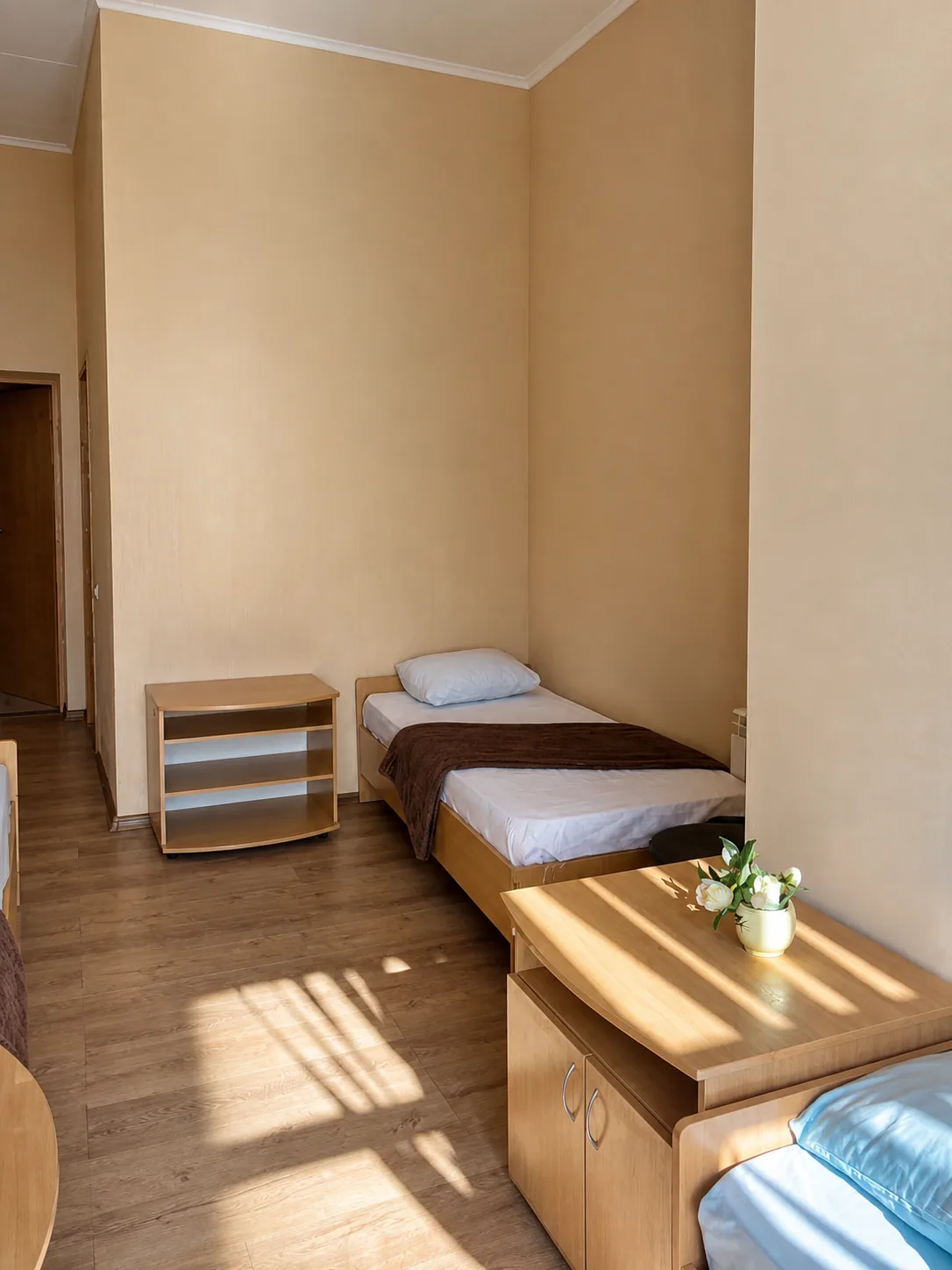 Номер в пансионате: кровать, тумбочка, окно на парк